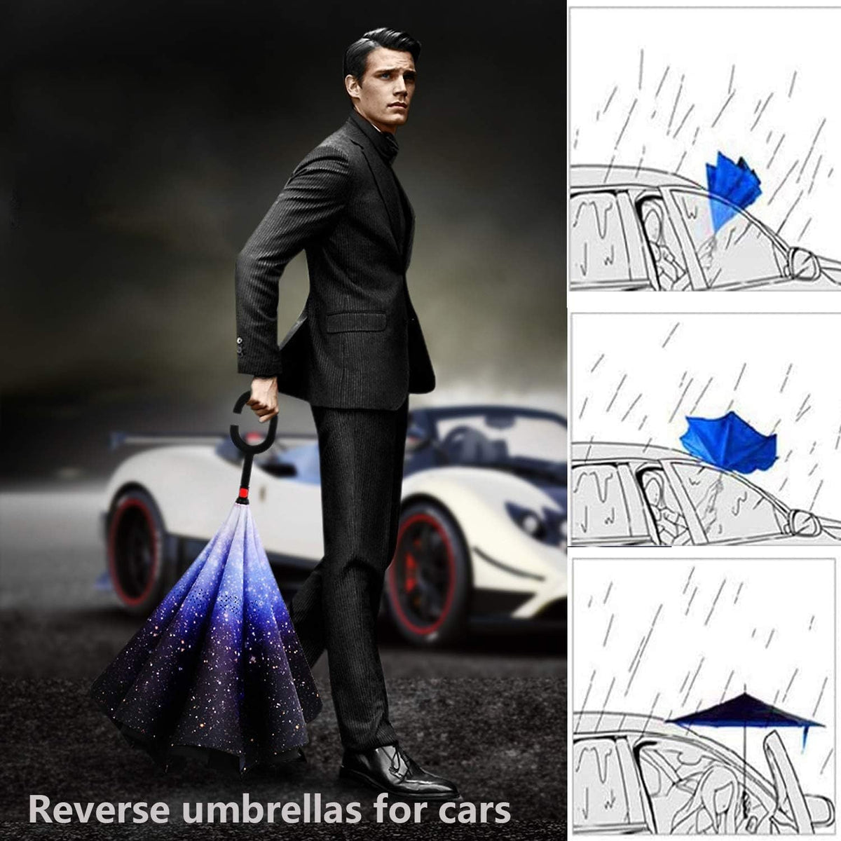 Ombrello automatico da donna con elegante manico a C
