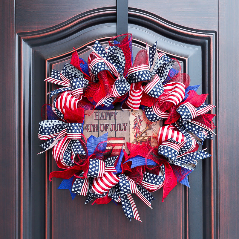 Ghirlanda unisex in tessuto americano patriottico e porta in legno con fiocchi in nastro