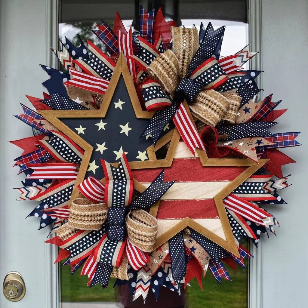 Ghirlanda unisex per porta nan more patriottica con design a stella, realizzata in legno e nastri di iuta