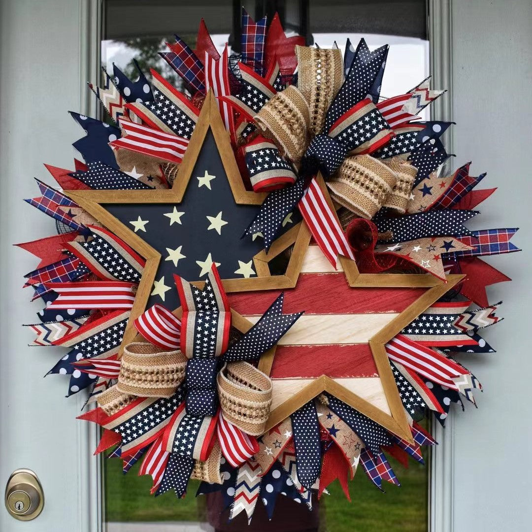 Ghirlanda unisex per porta nan more patriottica con design a stella, realizzata in legno e nastri di iuta
