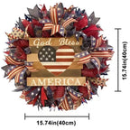 Ghirlanda decorativa patriottica americana per porta d'ingresso con nastro a rete di tela e placca a cuore in legno con nastro a rete di tela