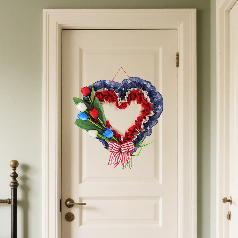 Ghirlanda da porta unisex a forma di cuore realizzata in iuta con decorazioni a stella e tulipani artificiali