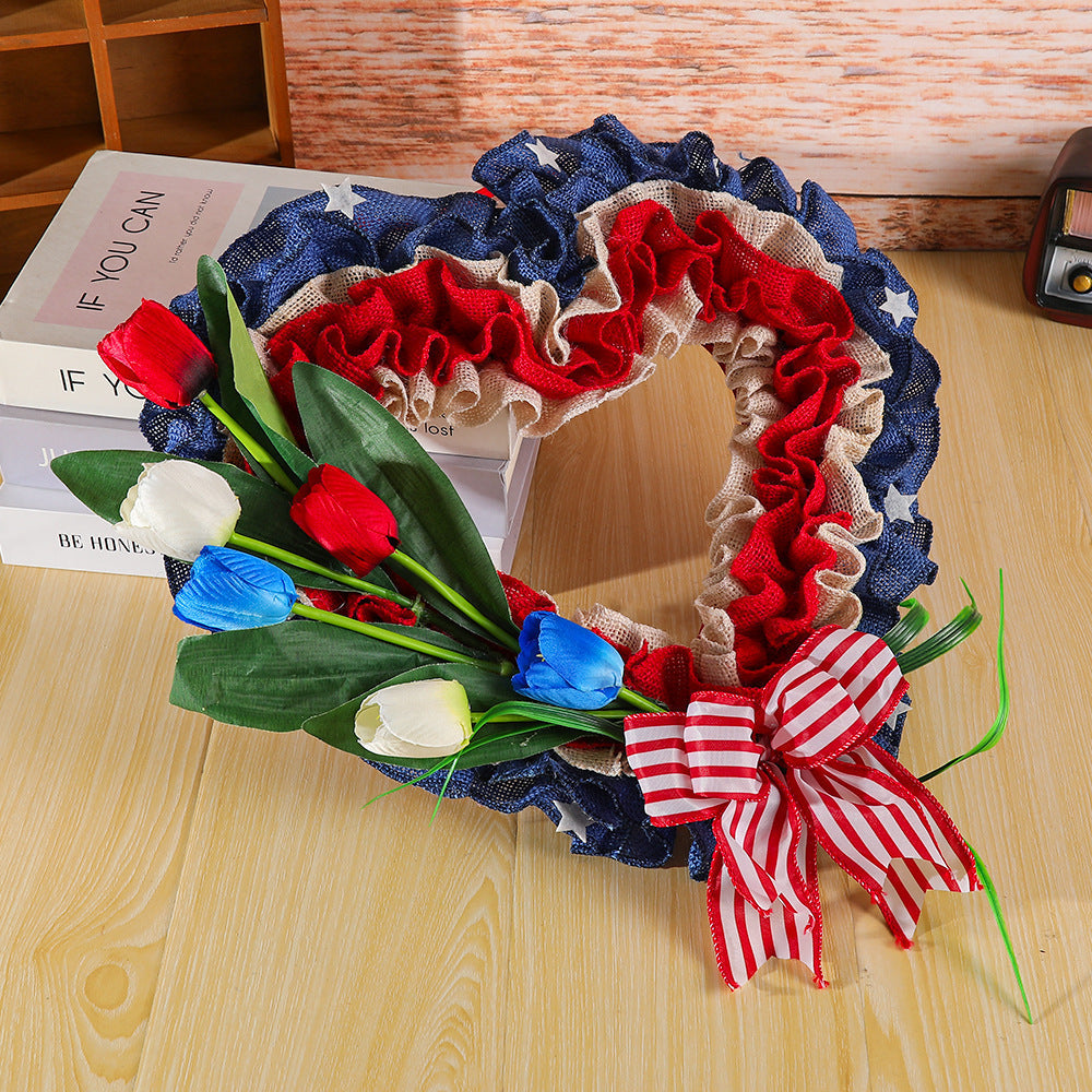 Ghirlanda da porta unisex a forma di cuore realizzata in iuta con decorazioni a stella e tulipani artificiali