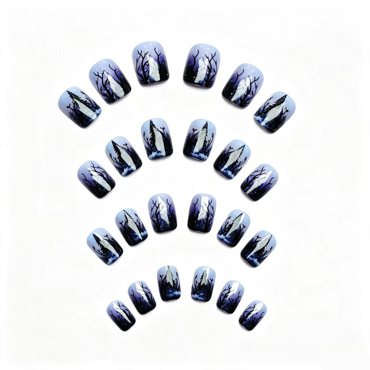 Nail art artificiale con motivo foresta invernale