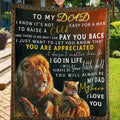 Coperta sentimentale in pile con grafica di un leone e un cucciolo e un messaggio sincero per papà