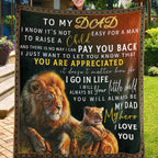 Coperta sentimentale in pile con grafica di un leone e un cucciolo e un messaggio sincero per papà