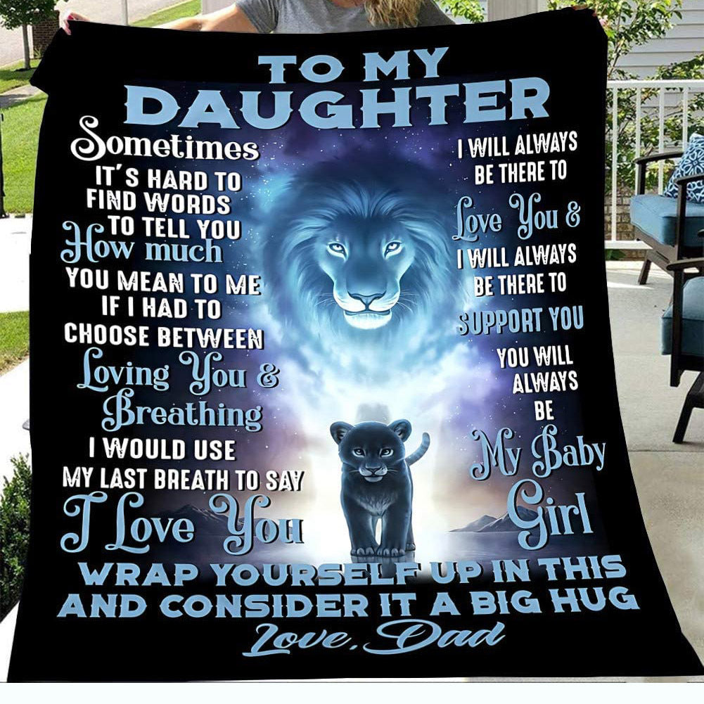 Coperta sentimentale in pile con grafica di un leone e un cucciolo e un messaggio sincero per papà