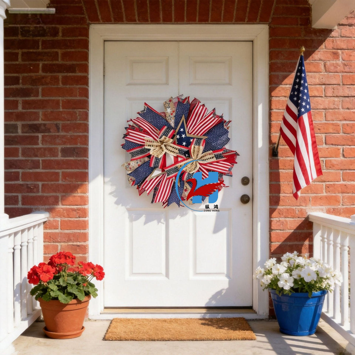 Ghirlanda unisex per porta nan more patriottica con design a stella, realizzata in legno e nastri di iuta
