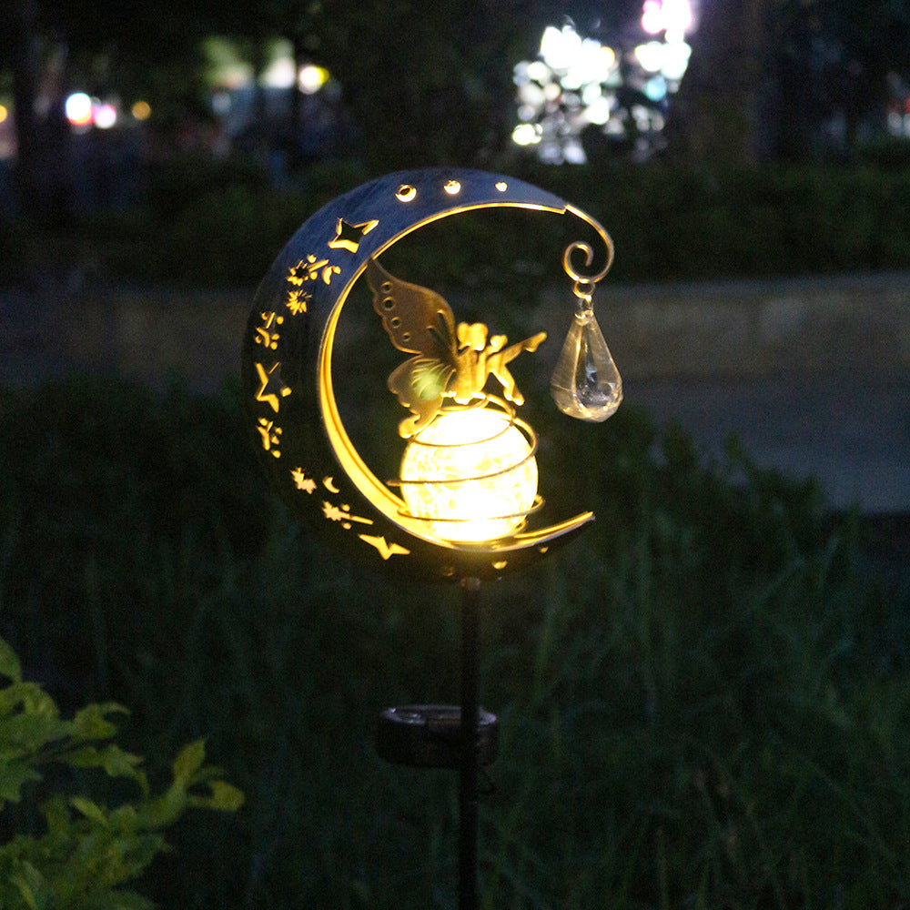 Lampada da giardino solare decorativa a forma di mezzaluna con sfera di cristallo sospesa e farfalla