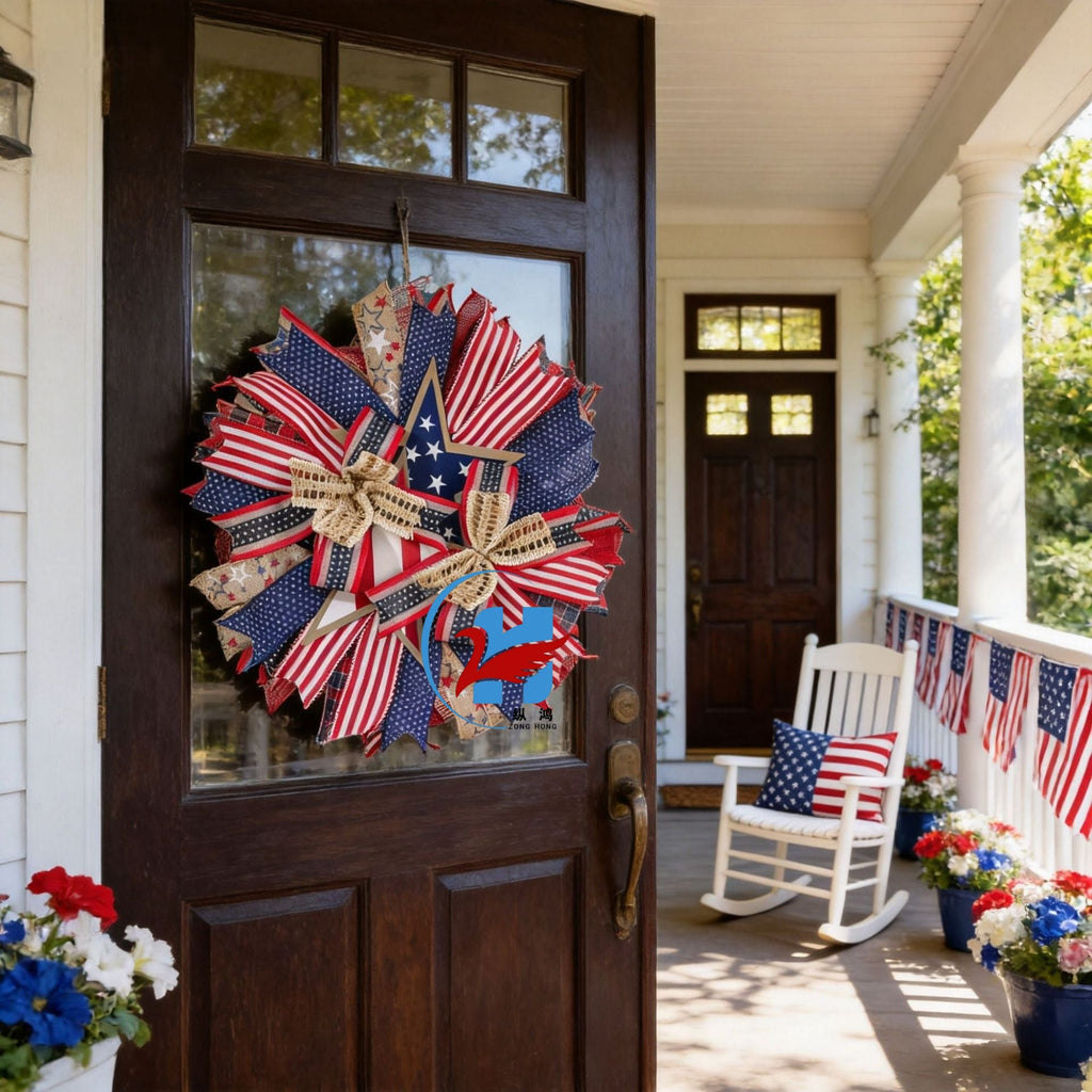 Ghirlanda unisex per porta nan more patriottica con design a stella, realizzata in legno e nastri di iuta