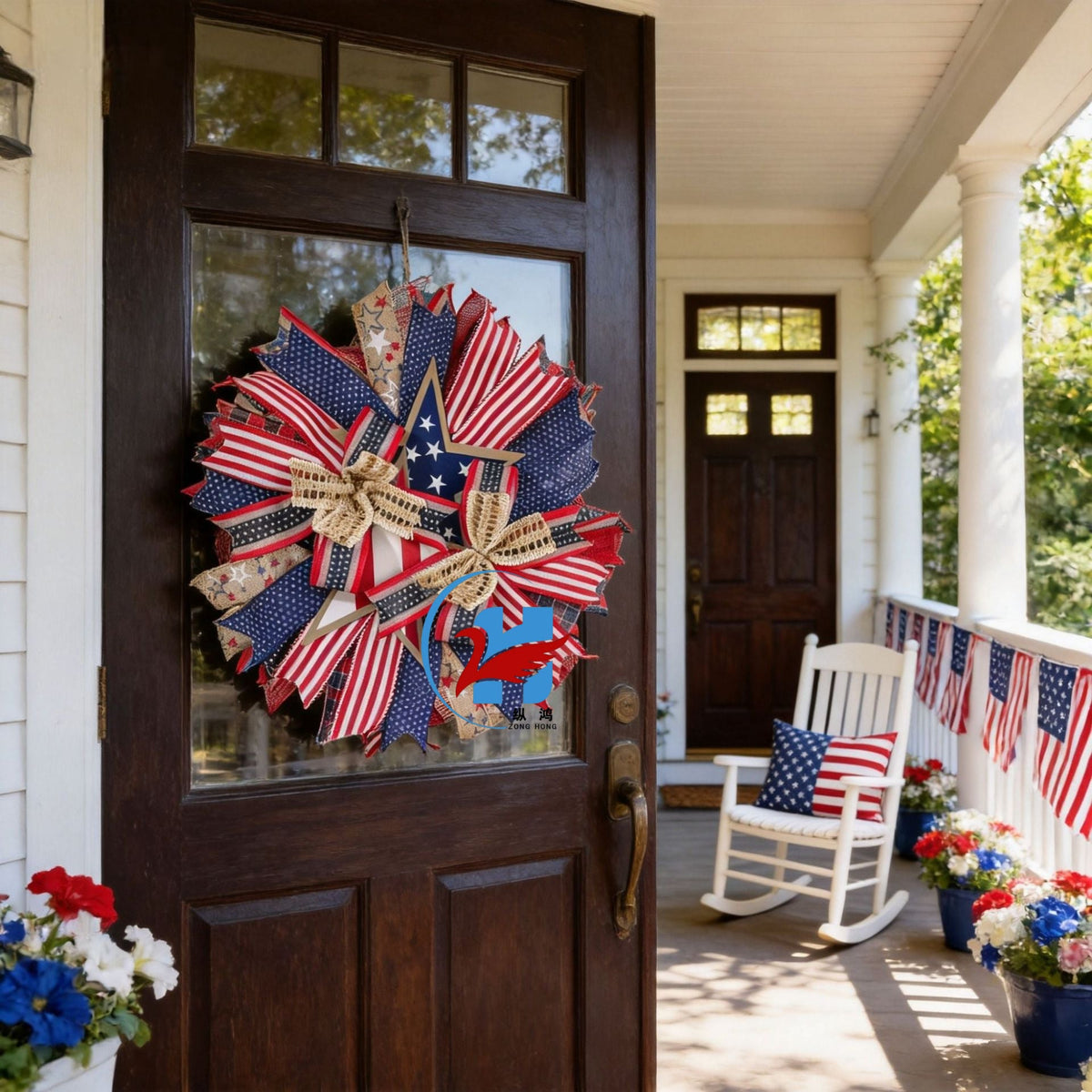 Ghirlanda unisex per porta nan more patriottica con design a stella, realizzata in legno e nastri di iuta