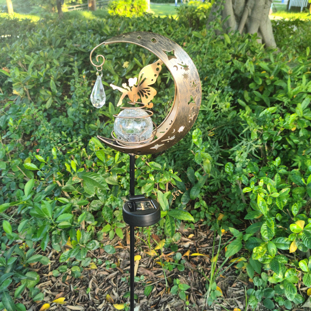 Lampada da giardino solare decorativa a forma di mezzaluna con sfera di cristallo sospesa e farfalla