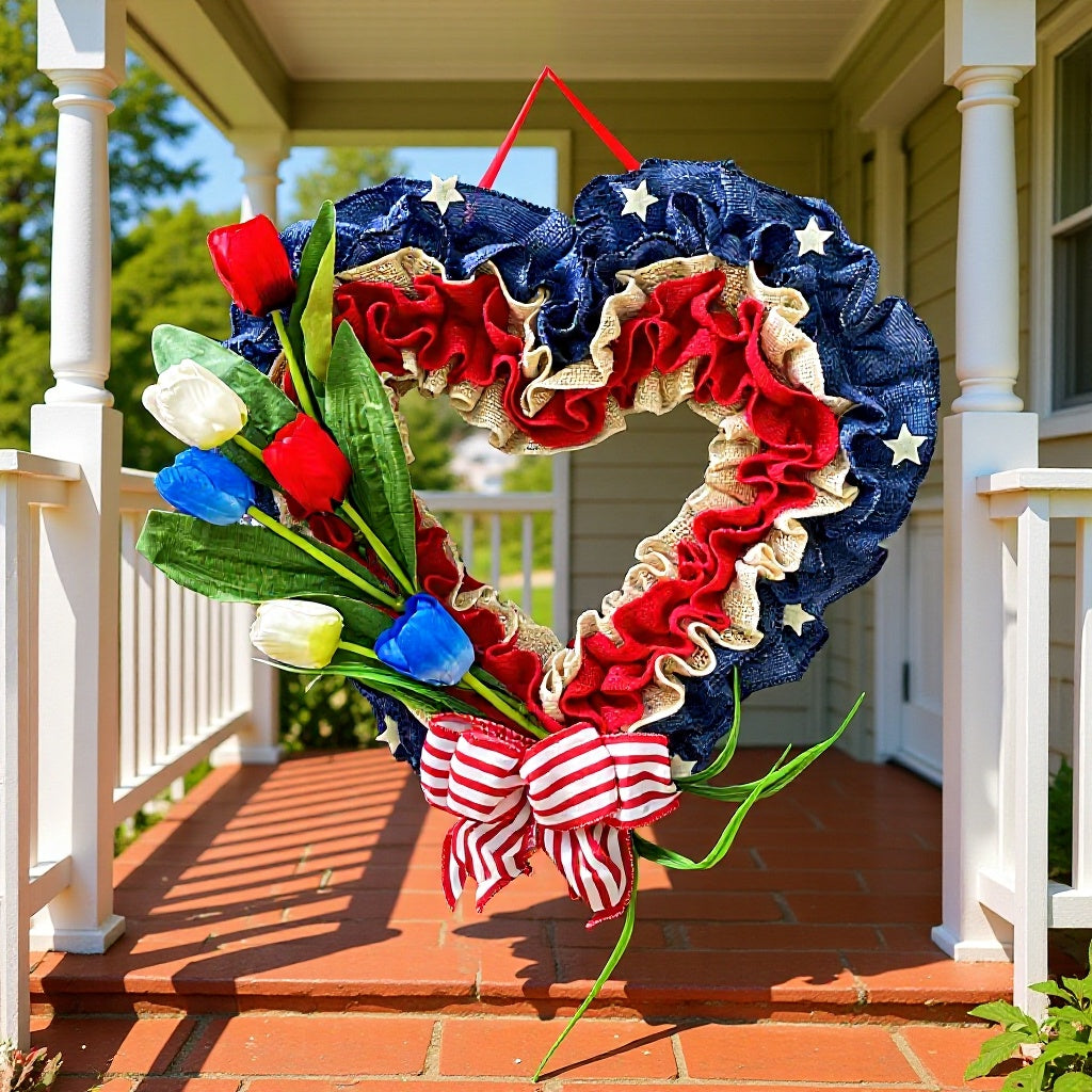Ghirlanda da porta unisex a forma di cuore realizzata in iuta con decorazioni a stella e tulipani artificiali