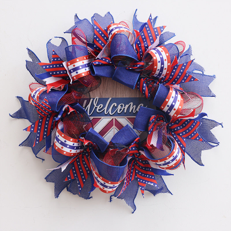 Ghirlanda unisex in tessuto americano patriottico e porta in legno con fiocchi in nastro