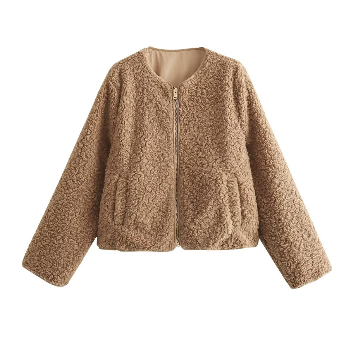 Giacca da donna in pile Teddy con cerniera frontale e tasche
