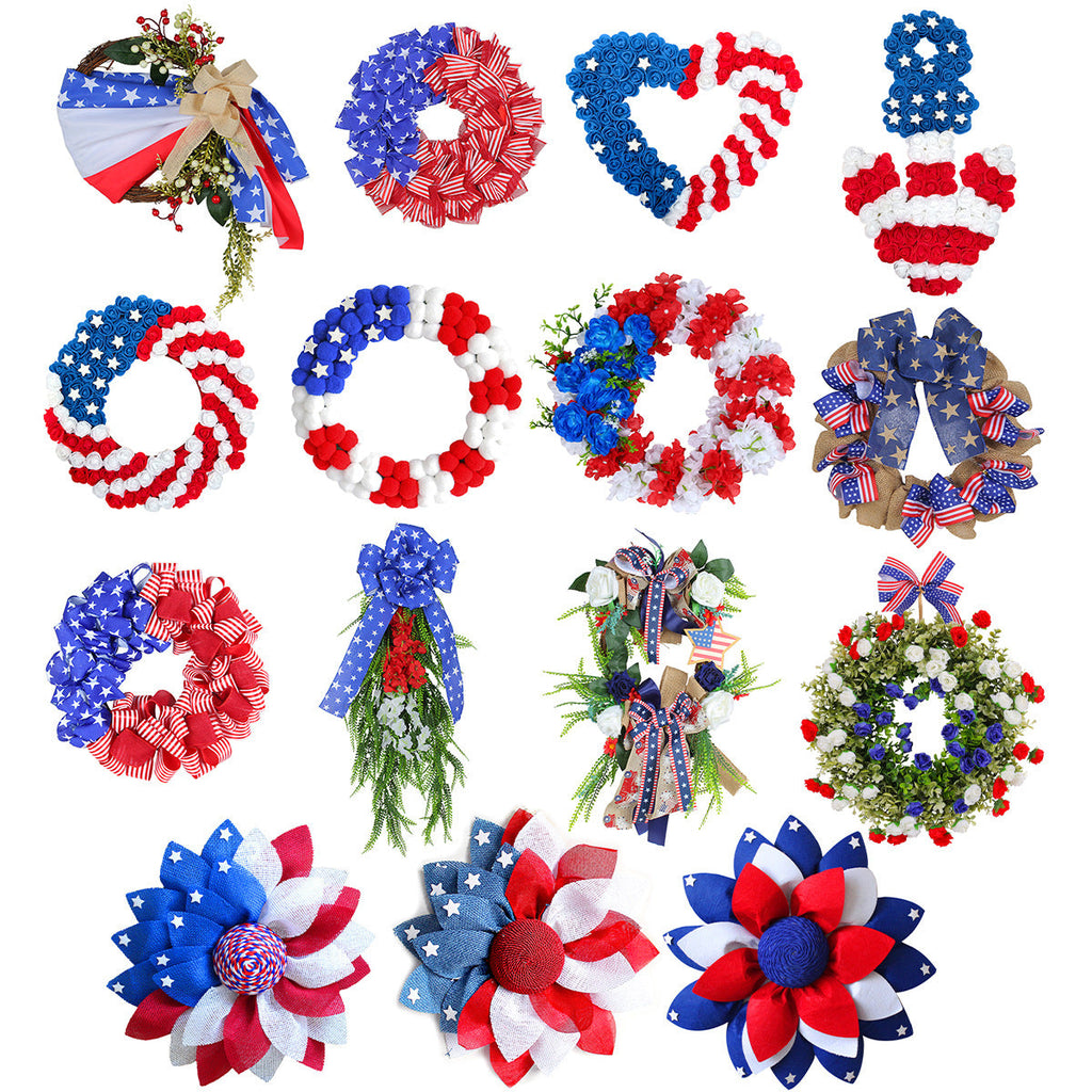 Ghirlanda unisex con pompon patriottico per porta d'ingresso e decorazioni a stella