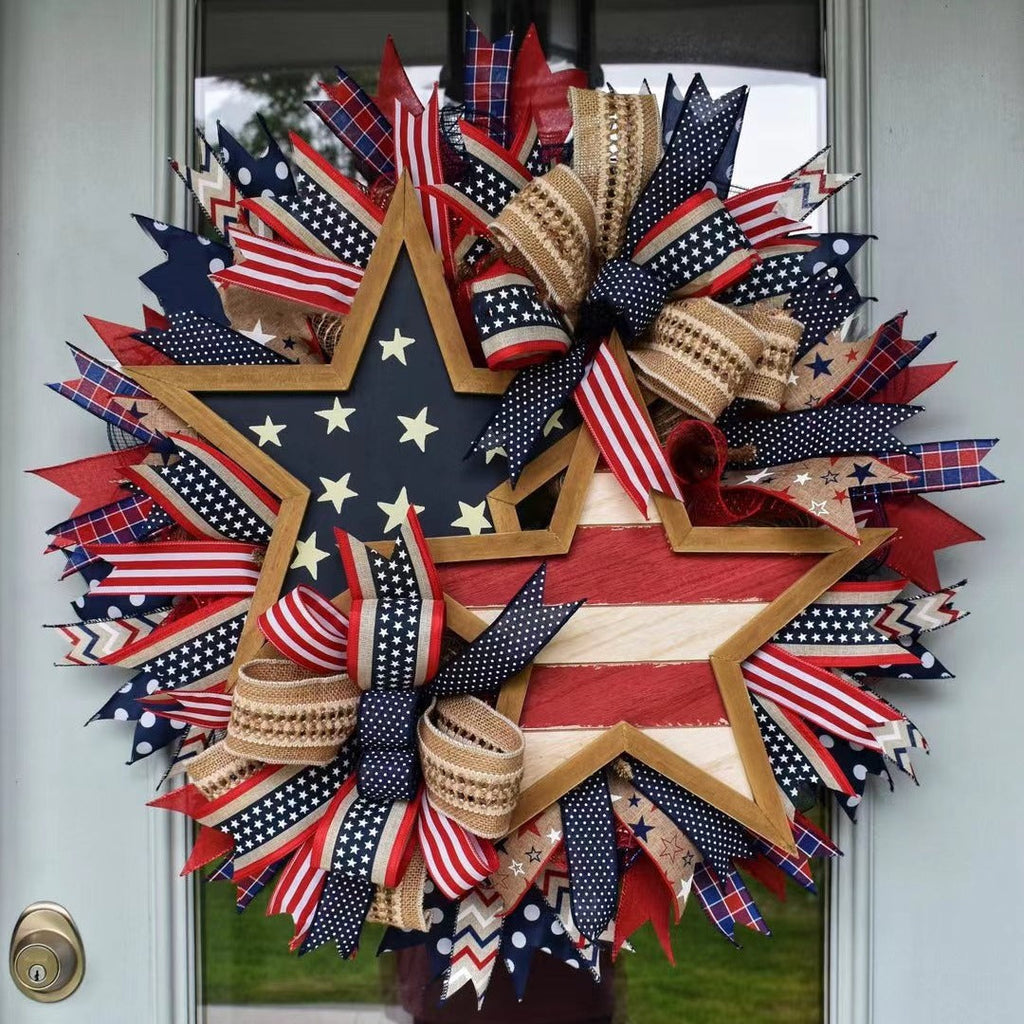 Ghirlanda unisex per porta nan more patriottica con design a stella, realizzata in legno e nastri di iuta