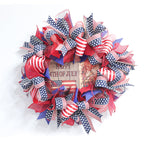 Ghirlanda unisex in tessuto americano patriottico e porta in legno con fiocchi in nastro