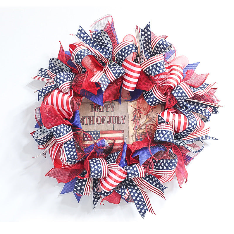 Ghirlanda unisex in tessuto americano patriottico e porta in legno con fiocchi in nastro