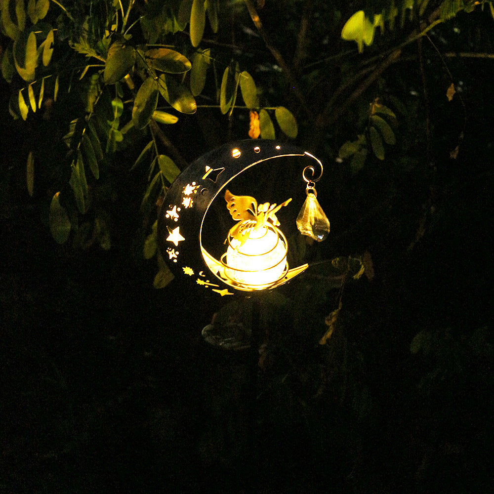 Lampada da giardino solare decorativa a forma di mezzaluna con sfera di cristallo sospesa e farfalla