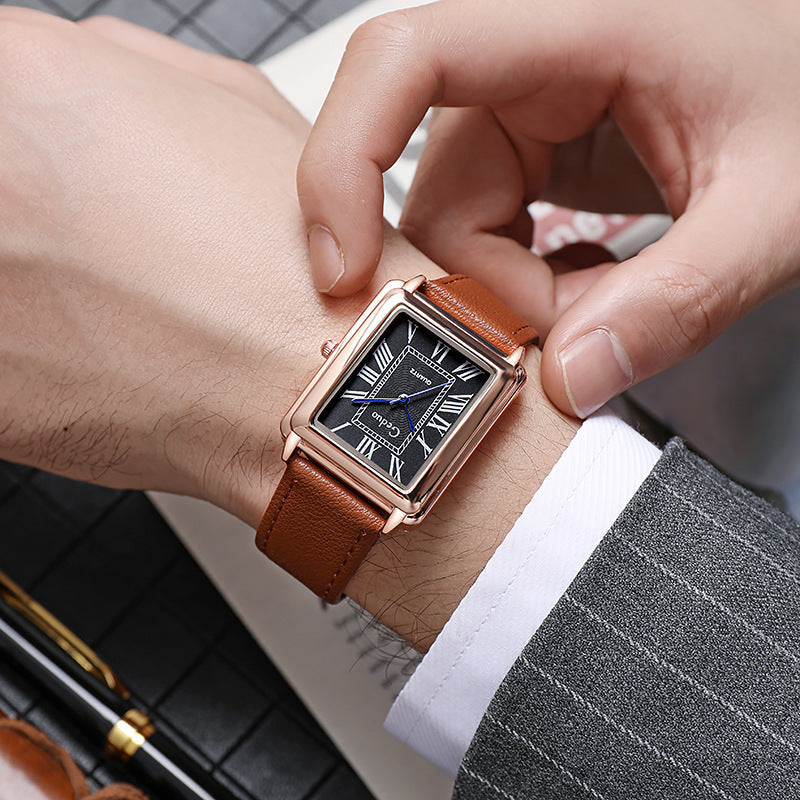 Orologio elegante rettangolare in pelle con quadrante romano vintage
