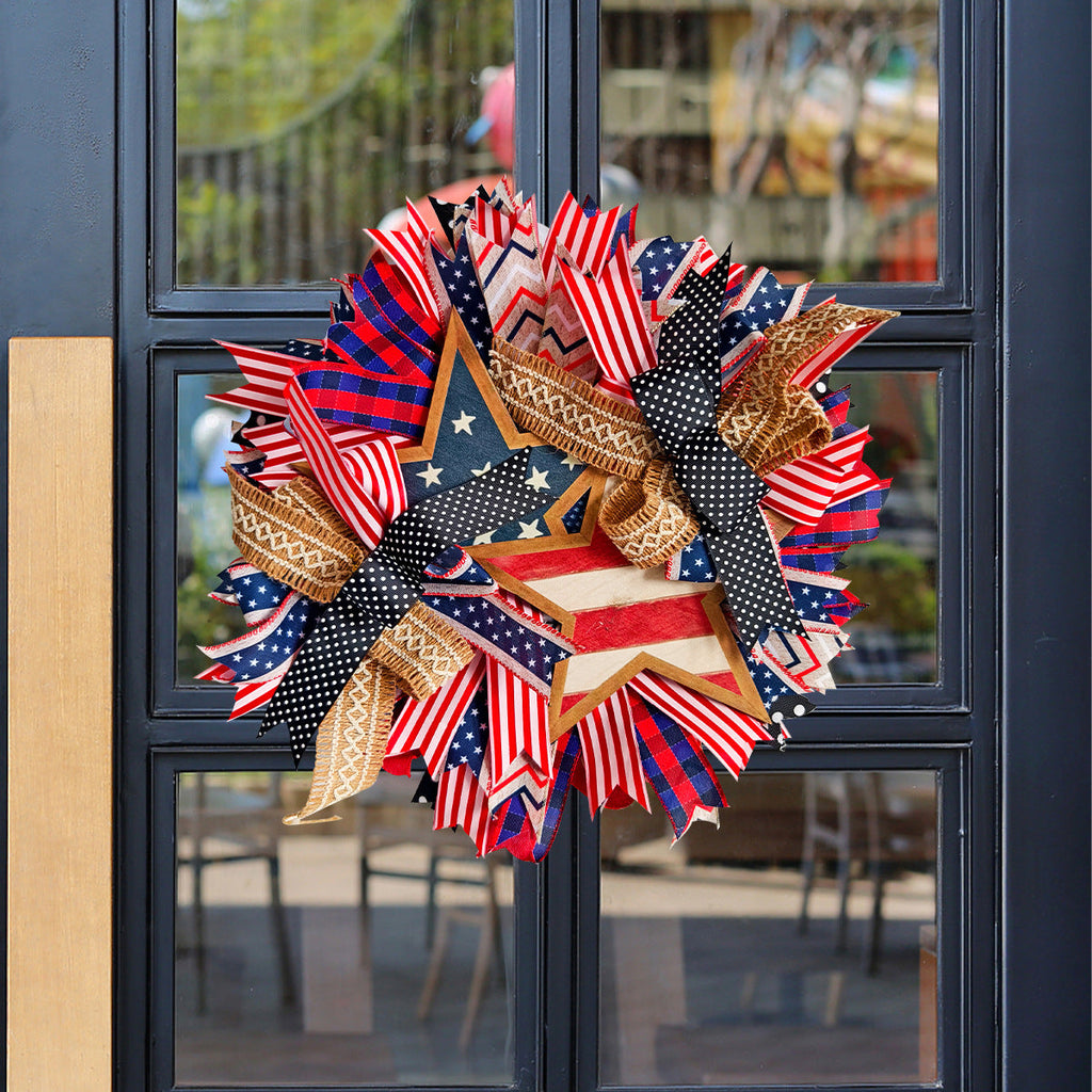 Ghirlanda decorativa unisex per porta in stile country con stella in legno, nastri e fasce versatili
