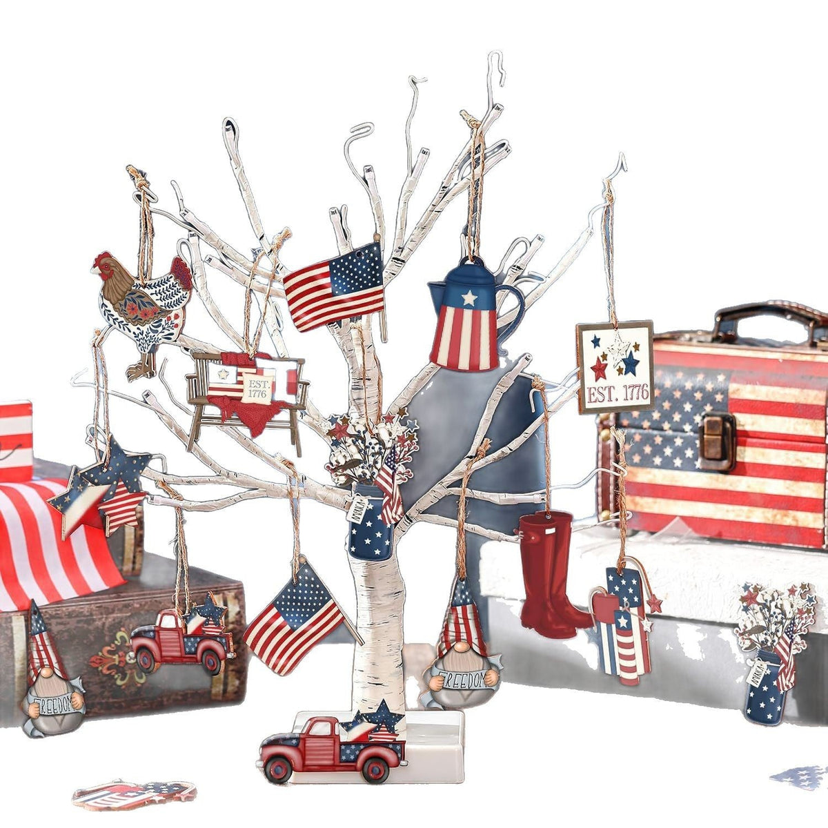 Set decorativo unisex nan patriottico con ciondoli in legno pendenti in stile rustico vintage