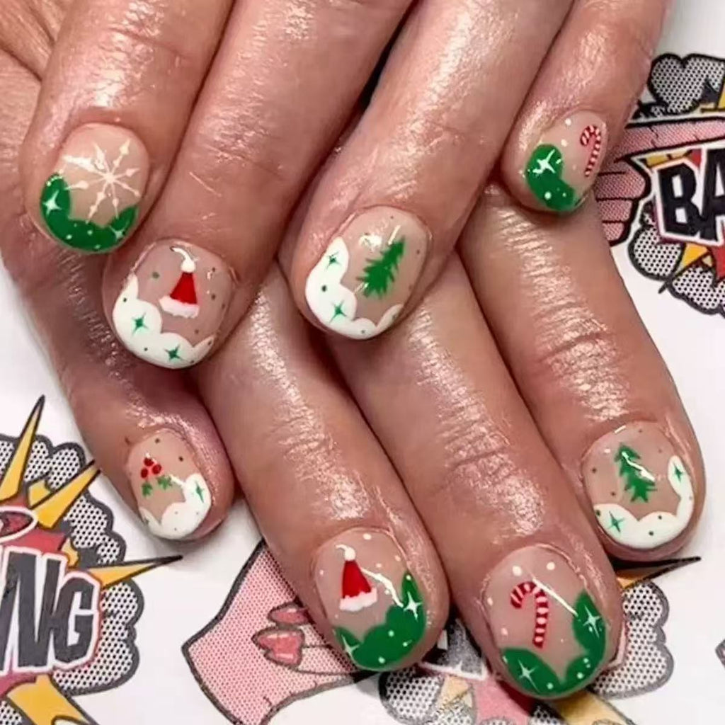 Set per unghie artificiali con motivi natalizi e accenti glitter