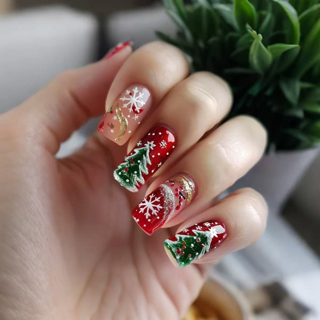 Set per unghie artificiali con motivi natalizi festivi e accenti glitterati