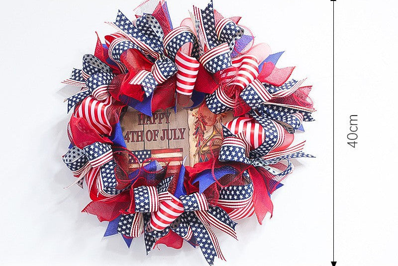 Ghirlanda unisex in tessuto americano patriottico e porta in legno con fiocchi in nastro