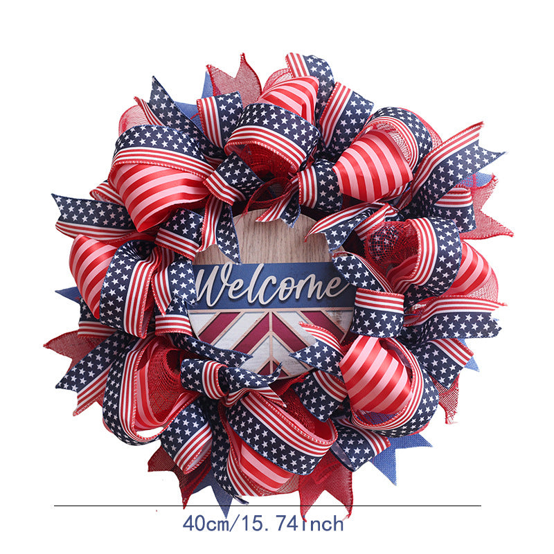 Ghirlanda unisex in tessuto americano patriottico e porta in legno con fiocchi in nastro