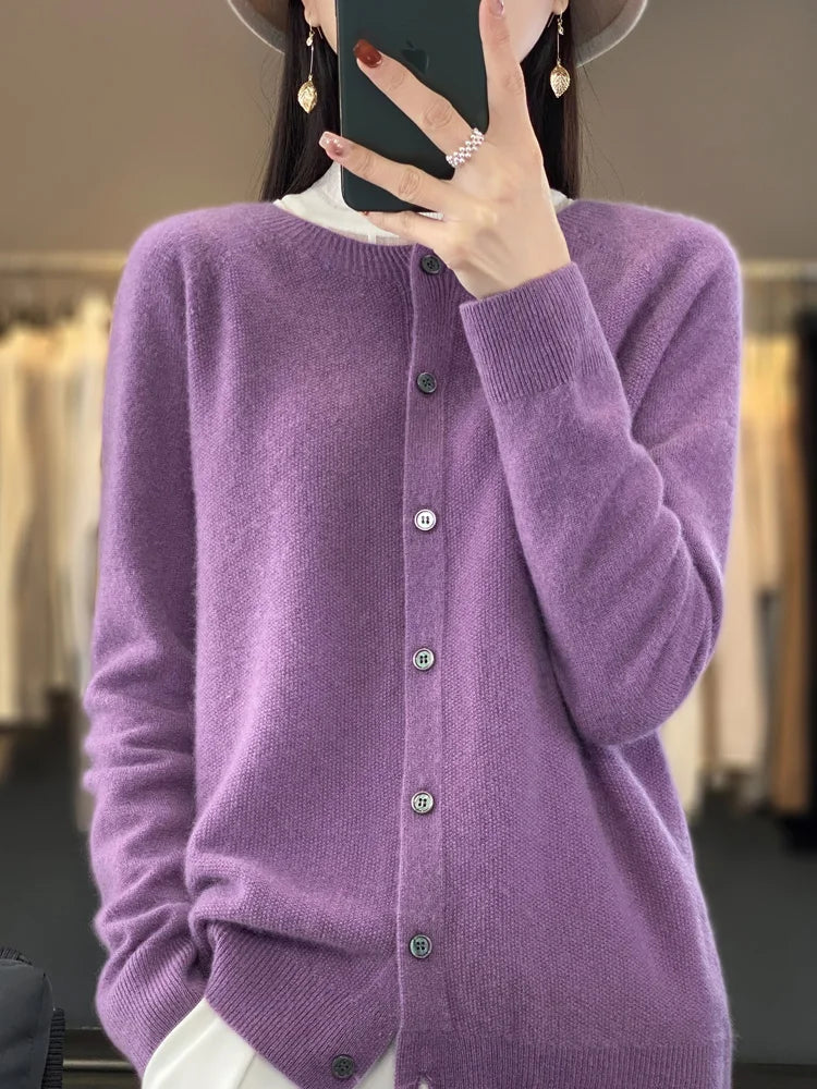 Maglione cardigan con scollo a O chic primaverile - Top lavorato a maglia da donna in lana merino al 100%.