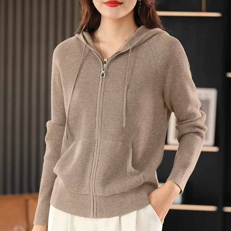 Cardigan/maglione con cerniera e cappuccio in misto lana Lana | Cappotto lavorato a maglia spessa per l'autunno e l'inverno