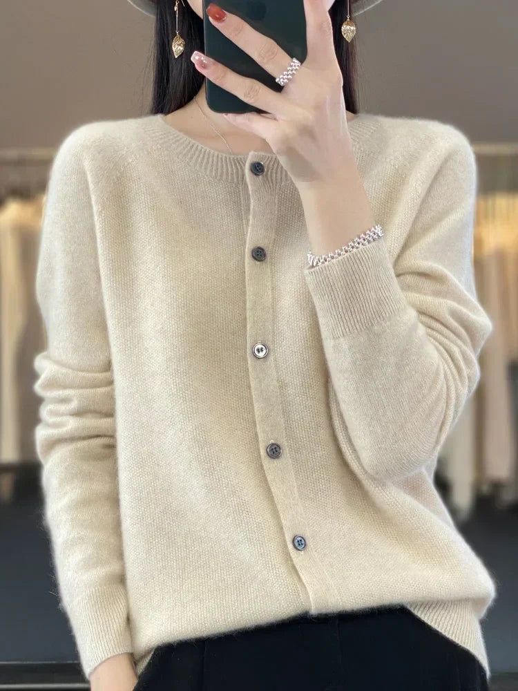 Maglione cardigan con scollo a O chic primaverile - Top lavorato a maglia da donna in lana merino al 100%.