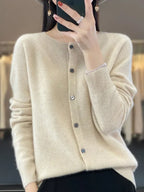 Maglione cardigan con scollo a O chic primaverile - Top lavorato a maglia da donna in lana merino al 100%.