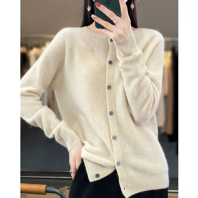 Nalani - Comodo maglione/cardigan in lana merino 100% con dettagli con bottoni