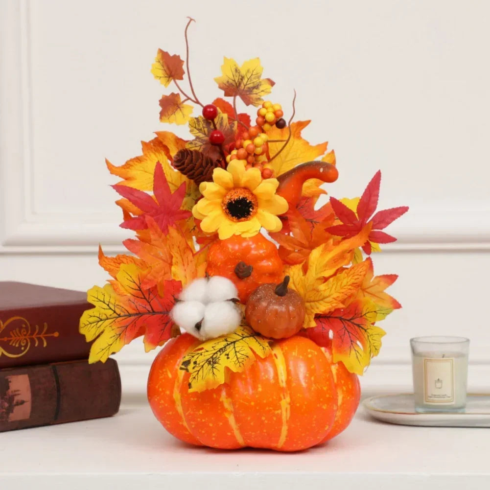 Magia d'autunno | Zucca decorativa con fiori artificiali | 25| 30cm| Decorazioni autunnali e di Halloween