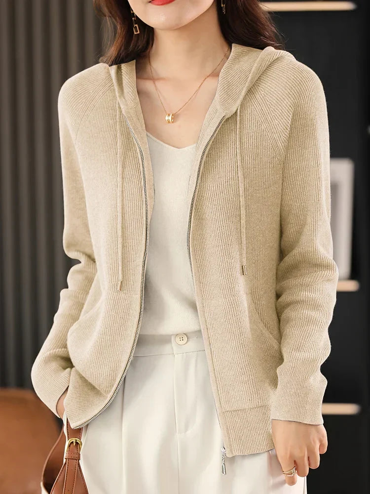 Cardigan/maglione con cerniera e cappuccio in misto lana Lana | Cappotto lavorato a maglia spessa per l'autunno e l'inverno