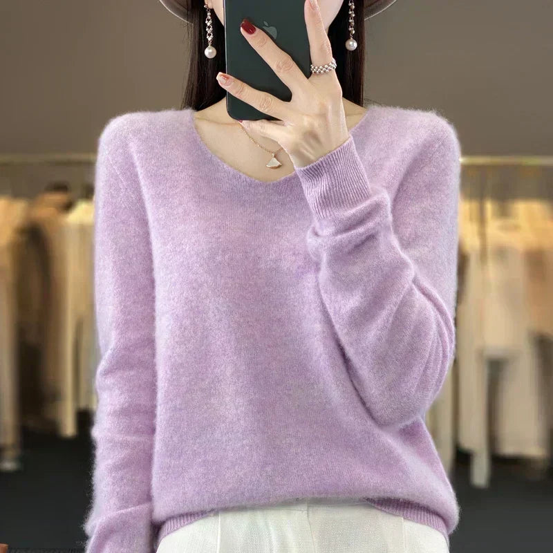 Maglione da donna con scollo a V in lana merino Aurelle, essenziale per tutti i giorni