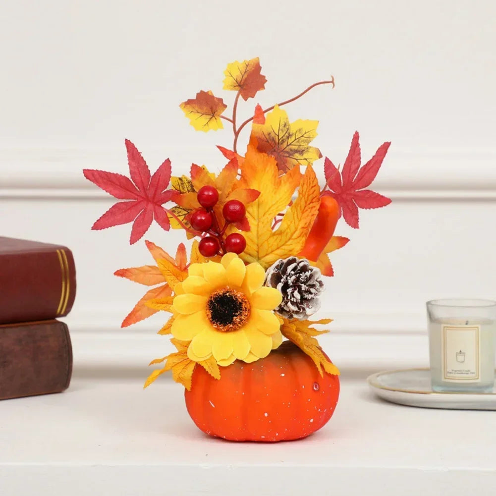 Magia d'autunno | Zucca decorativa con fiori artificiali | 25| 30cm| Decorazioni autunnali e di Halloween