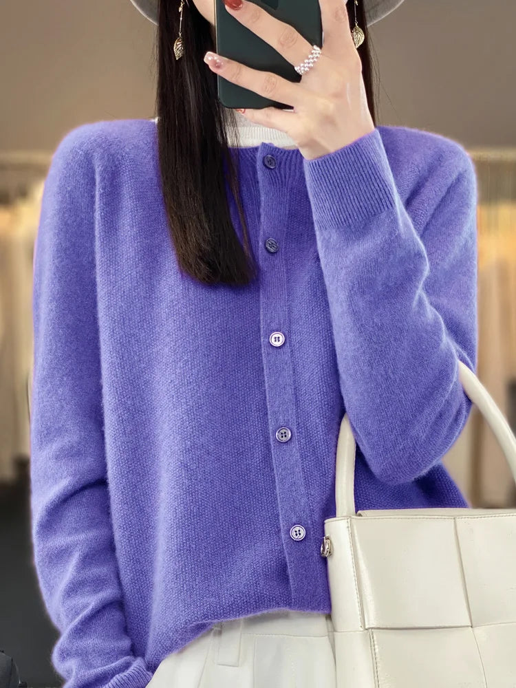 Maglione cardigan con scollo a O chic primaverile - Top lavorato a maglia da donna in lana merino al 100%.