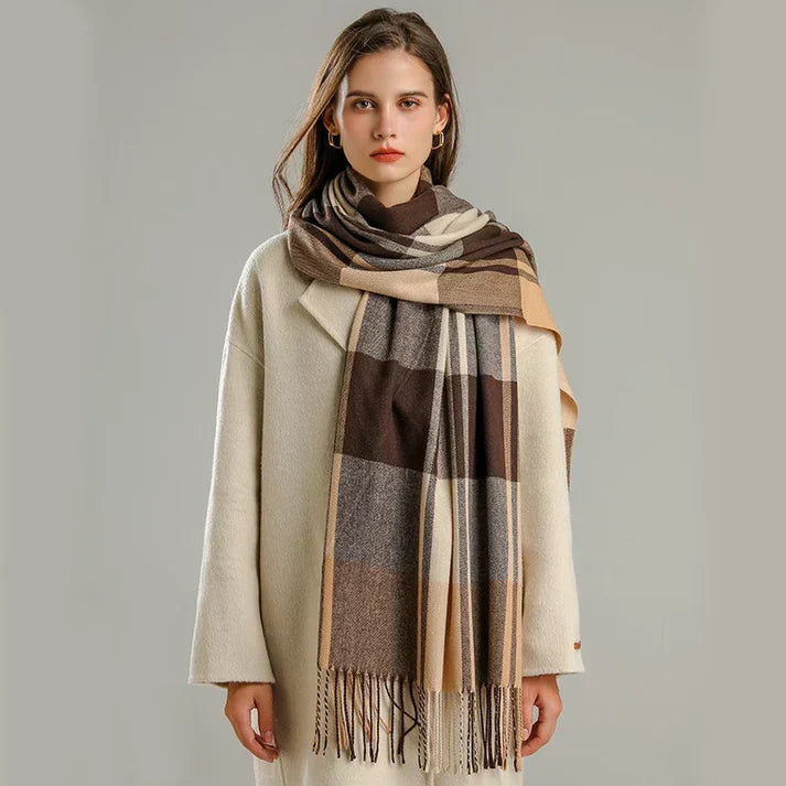 Sciarpa oversize da donna a quadri - Morbida lana, invernale con frange