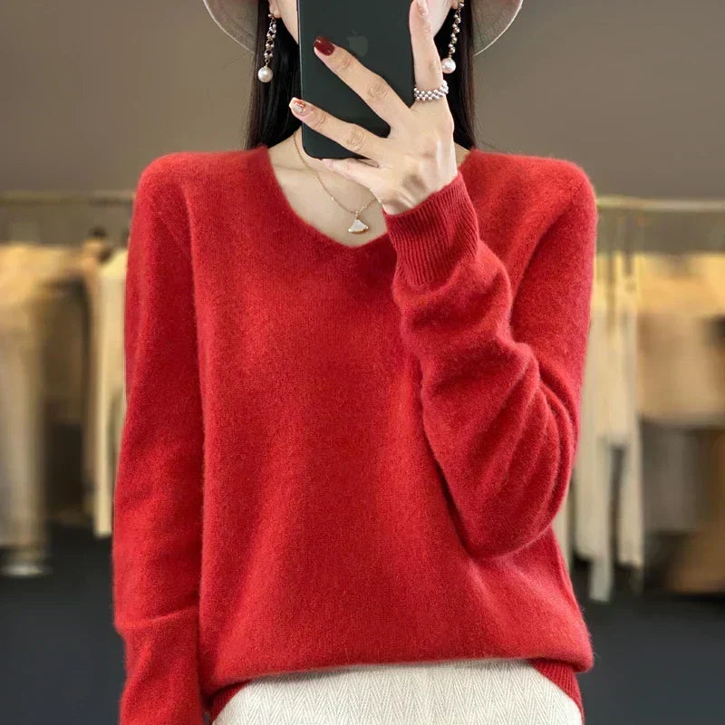 Maglione da donna con scollo a V in lana merino Aurelle, essenziale per tutti i giorni