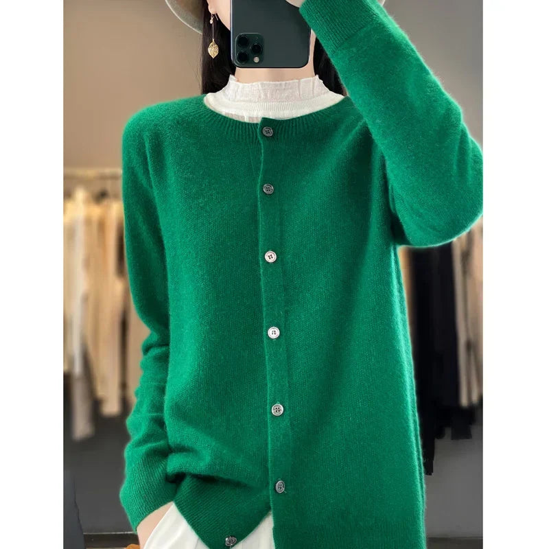 Cardigan ampio in pura lana 100% - Maglione girocollo autunno/inverno da donna