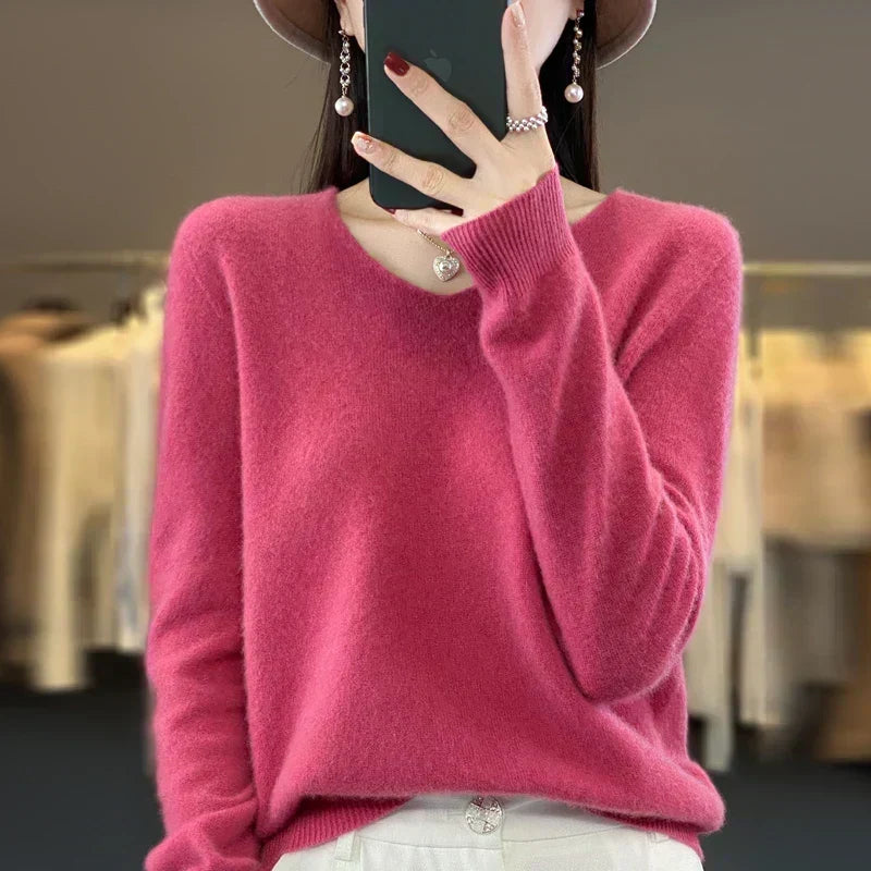 Maglione da donna con scollo a V in lana merino Aurelle, essenziale per tutti i giorni