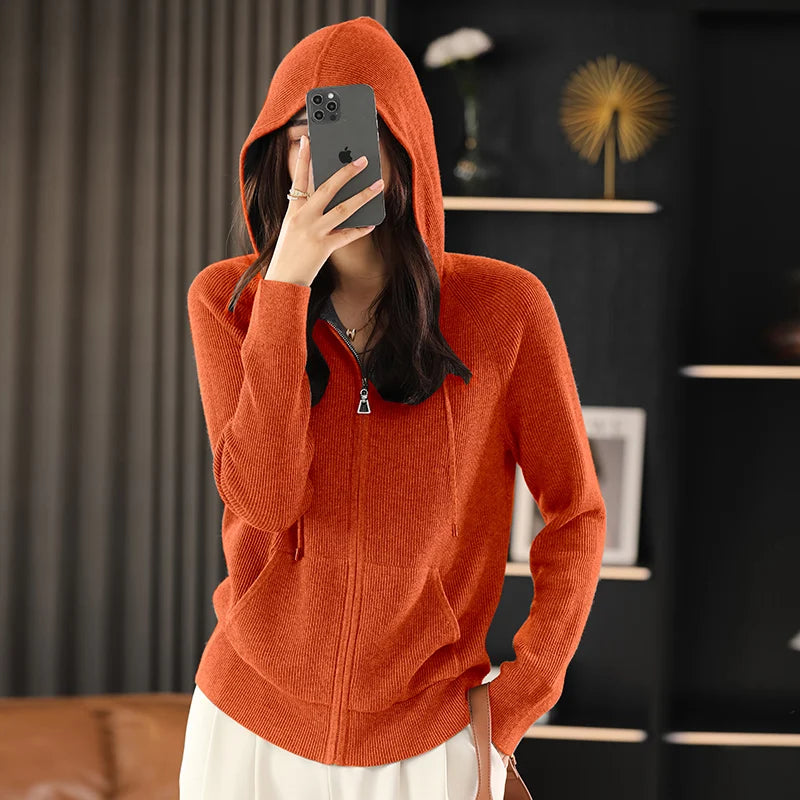 Cardigan/maglione con cerniera e cappuccio in misto lana Lana | Cappotto lavorato a maglia spessa per l'autunno e l'inverno