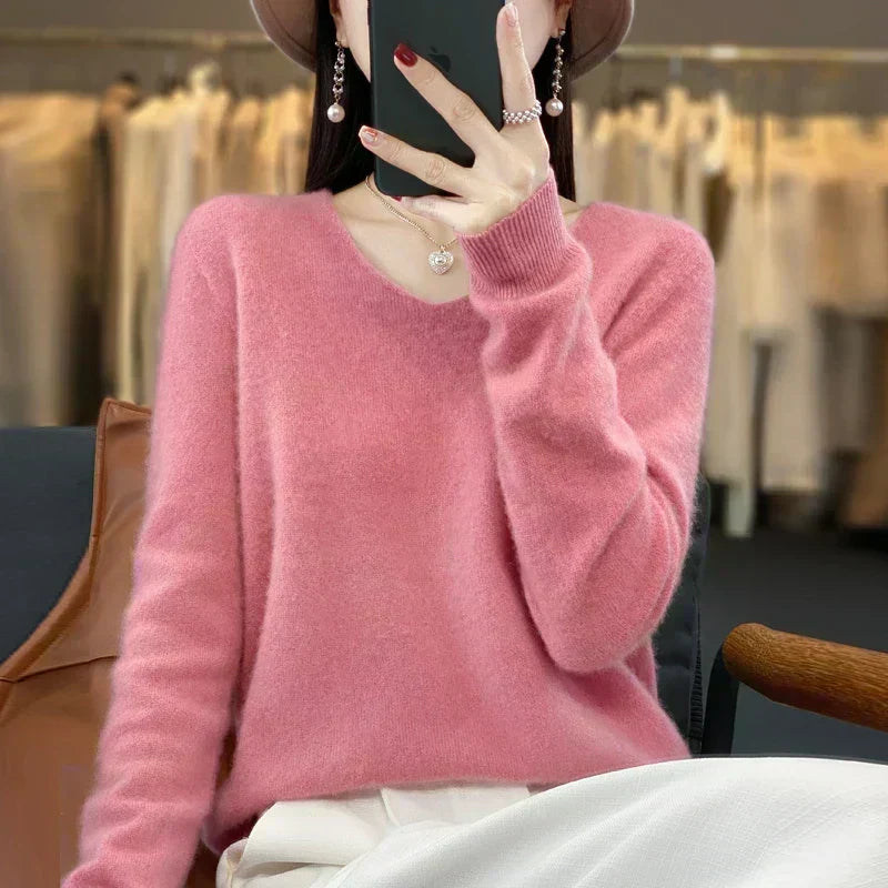 Maglione da donna con scollo a V in lana merino Aurelle, essenziale per tutti i giorni