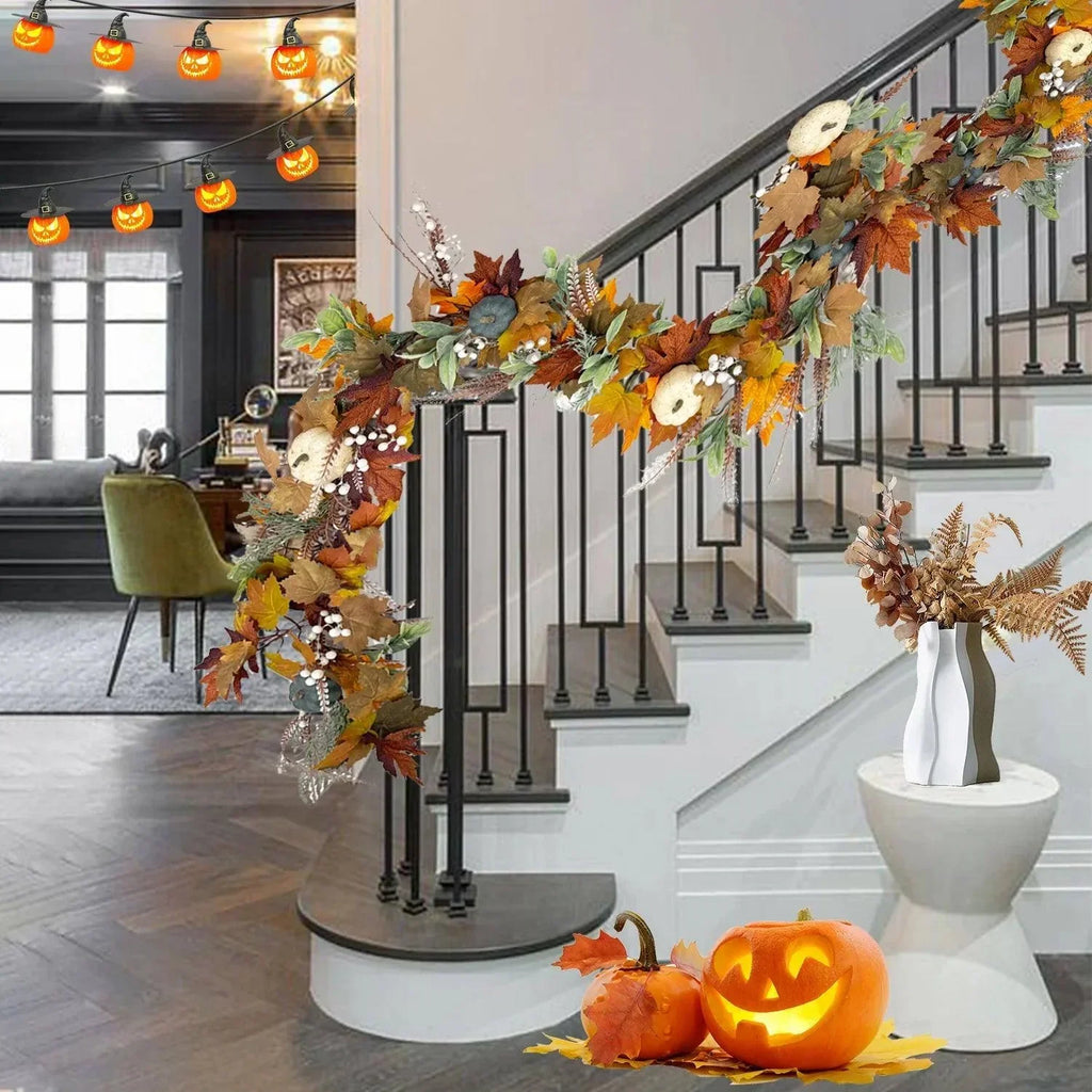 AutumnPumpkin Ghirlanda autunnale con foglie di acero e zucche | Decorazione della porta d'ingresso