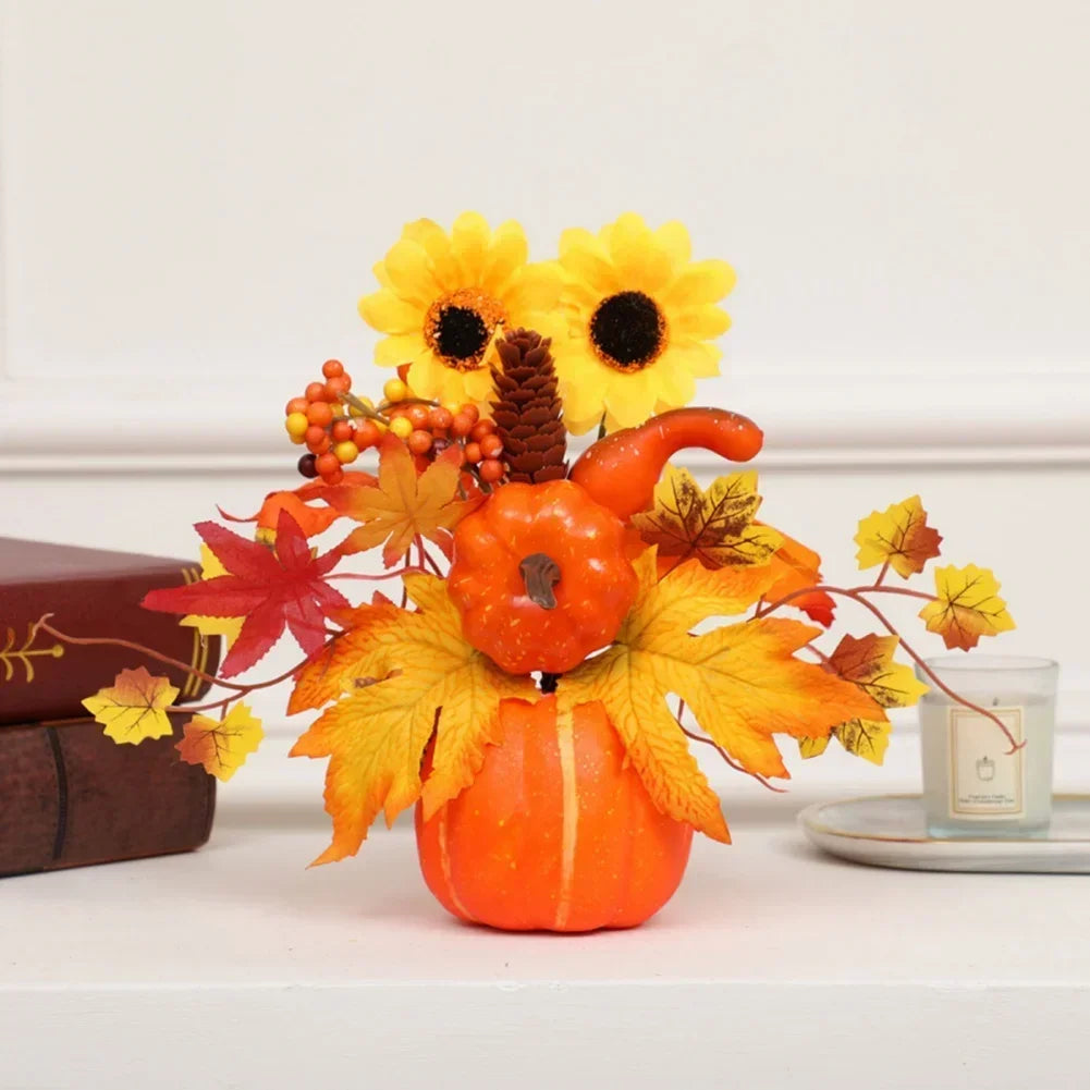 Magia d'autunno | Zucca decorativa con fiori artificiali | 25| 30cm| Decorazioni autunnali e di Halloween