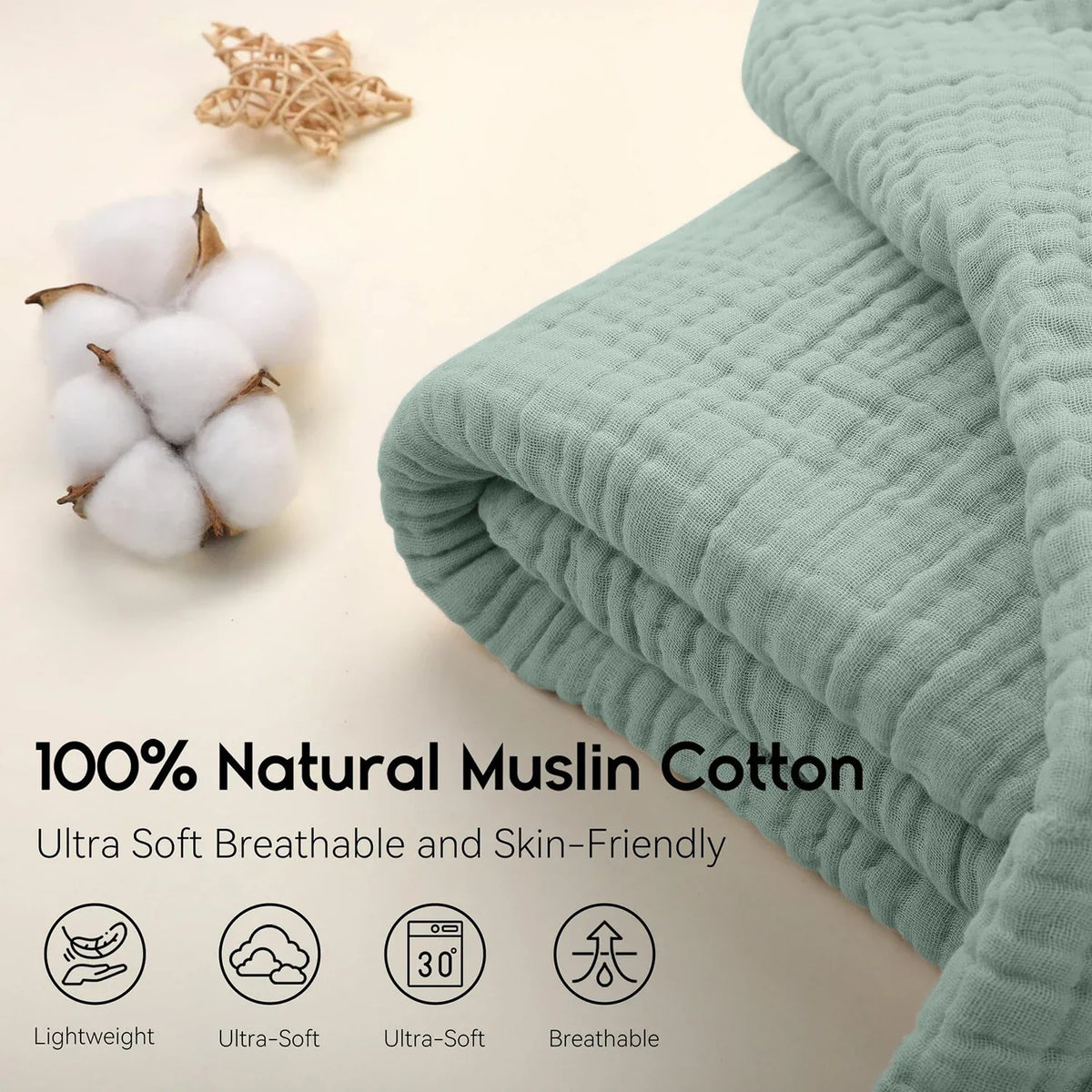 Brezza di cotone | Coperta in mussola 100% cotone | 6 strati, traspirante e leggero | Per divano e letto